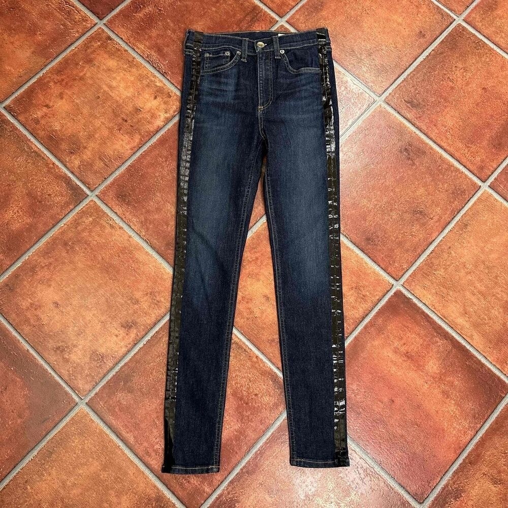 Rag & Bone Blue Dark Wash Tuxedo Stripe High Rise Ankle Skinny Jeans Size 25